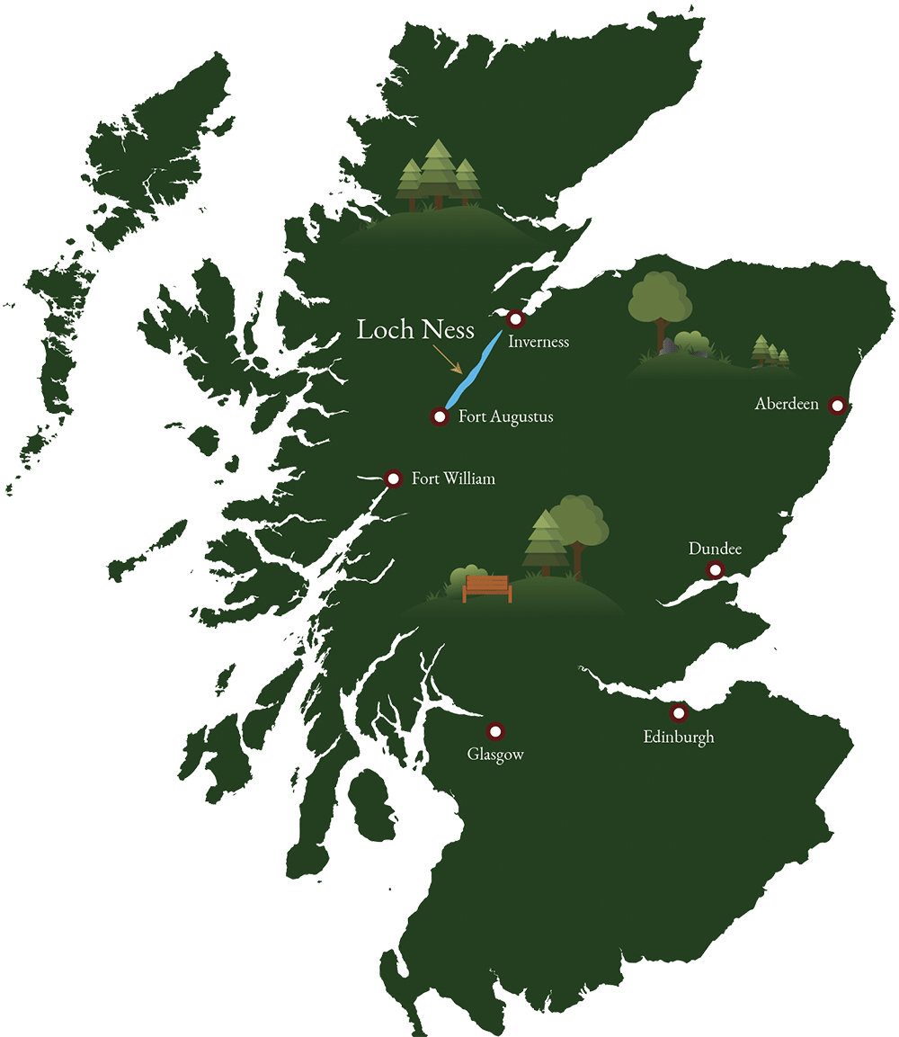 Loch Ness sulla mappa della Scozia è situato a sud-ovest di Inverness